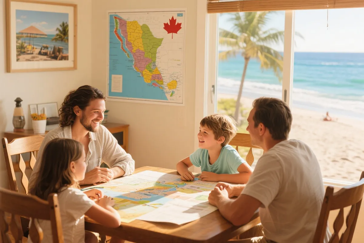 一家人围坐餐桌规划墨西哥度假,阳光下的温暖与期待